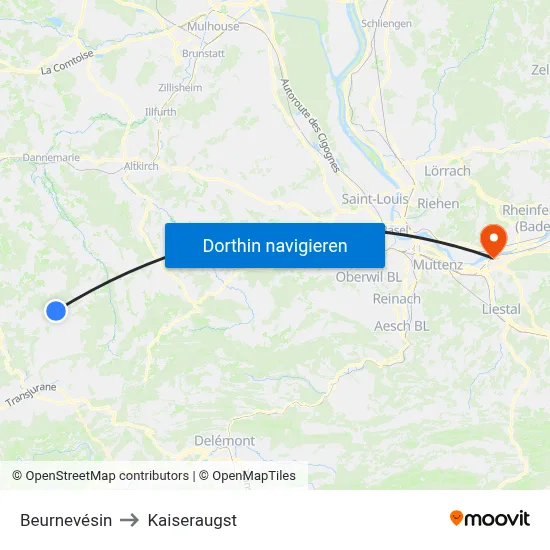 Beurnevésin to Kaiseraugst map