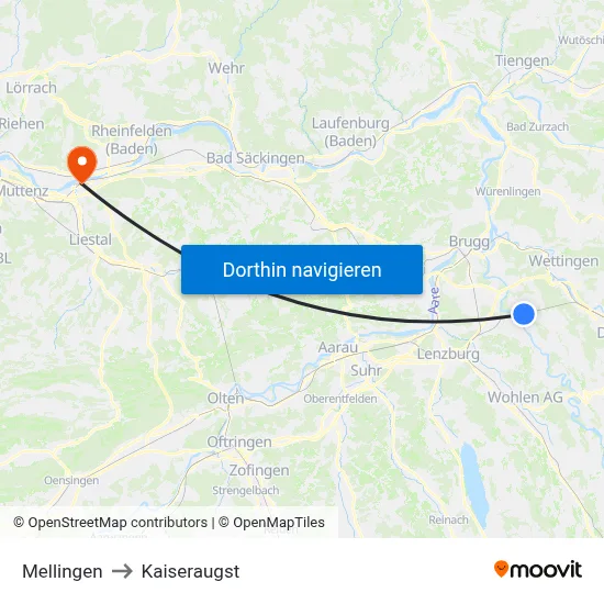 Mellingen to Kaiseraugst map