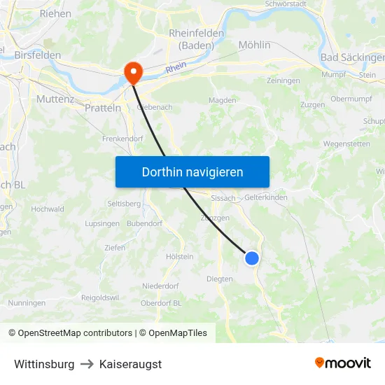 Wittinsburg to Kaiseraugst map