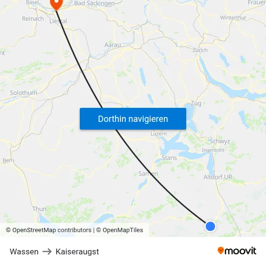 Wassen to Kaiseraugst map