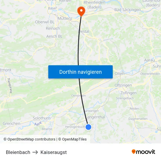 Bleienbach to Kaiseraugst map