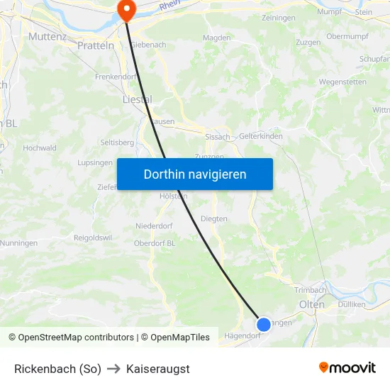 Rickenbach (So) to Kaiseraugst map