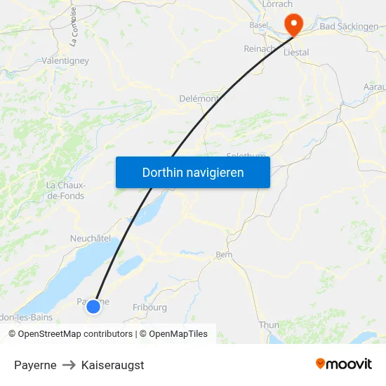 Payerne to Kaiseraugst map