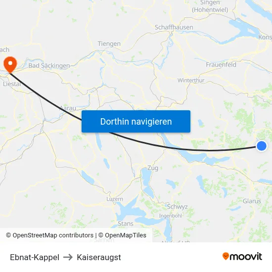 Ebnat-Kappel to Kaiseraugst map