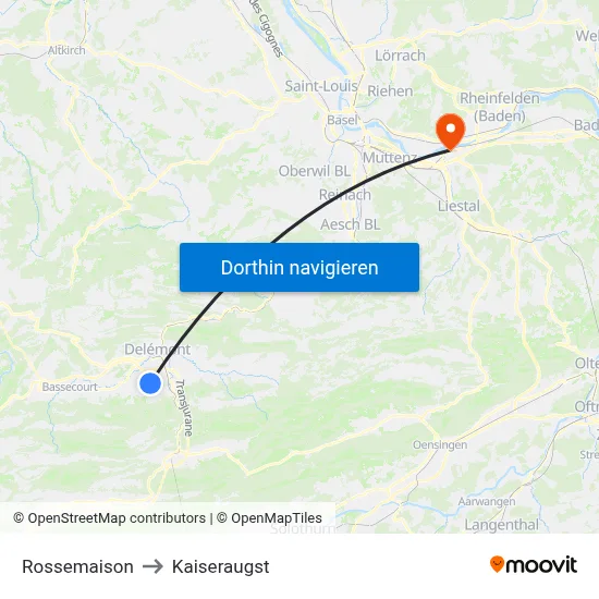 Rossemaison to Kaiseraugst map