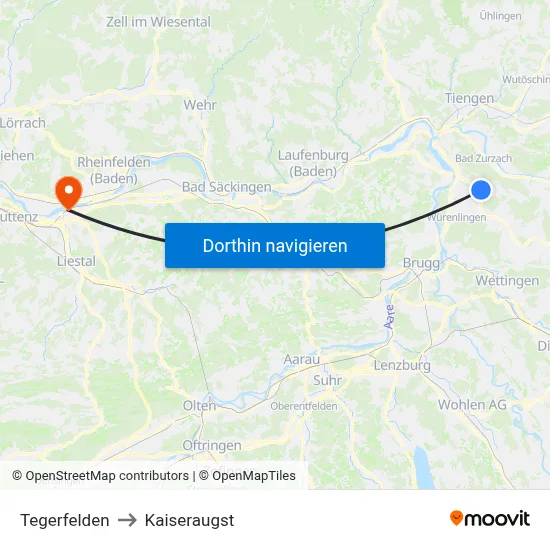 Tegerfelden to Kaiseraugst map