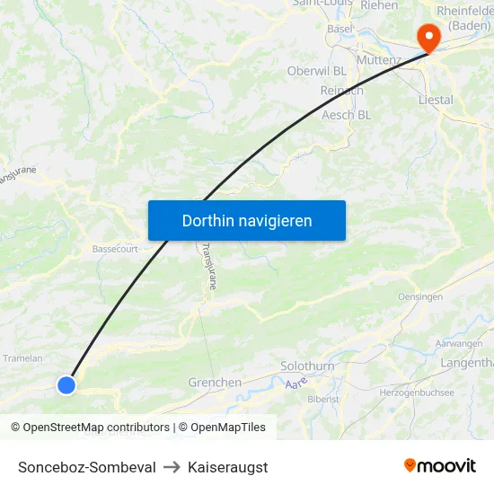 Sonceboz-Sombeval to Kaiseraugst map