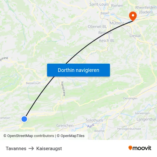 Tavannes to Kaiseraugst map