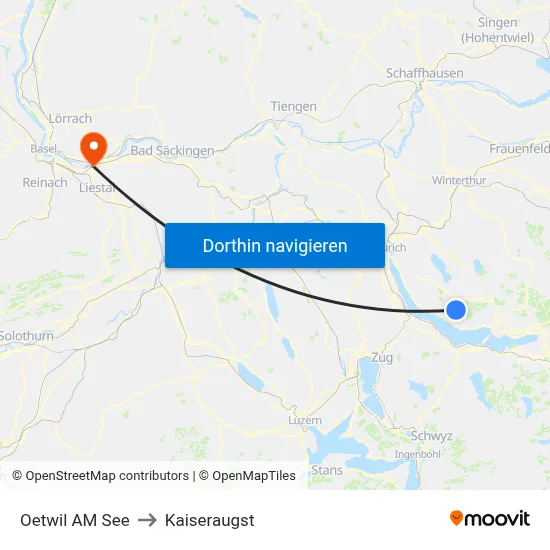 Oetwil AM See to Kaiseraugst map