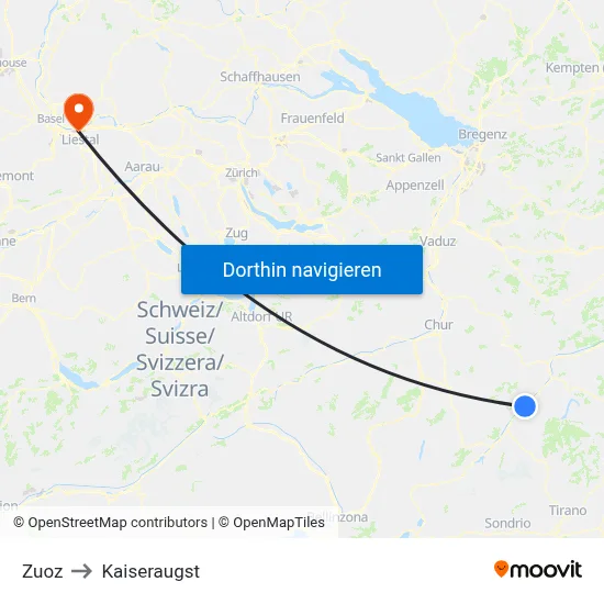 Zuoz to Kaiseraugst map