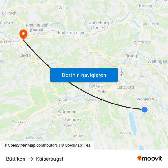 Büttikon to Kaiseraugst map