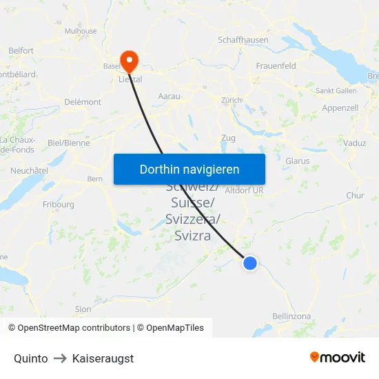 Quinto to Kaiseraugst map