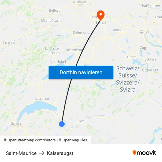 Saint-Maurice to Kaiseraugst map