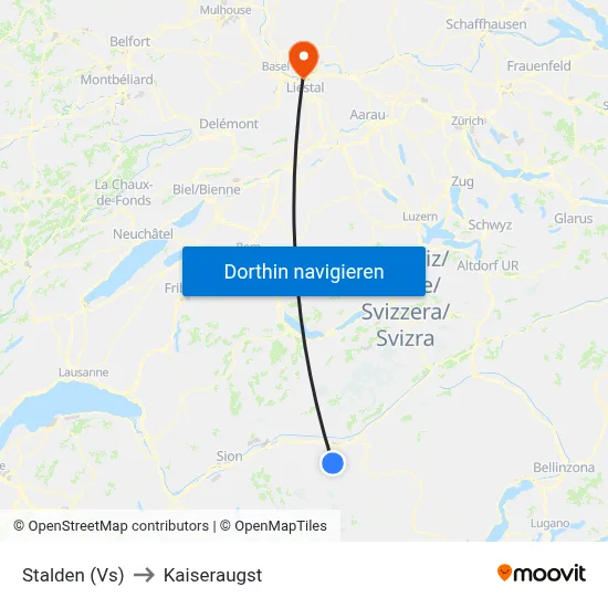 Stalden (Vs) to Kaiseraugst map