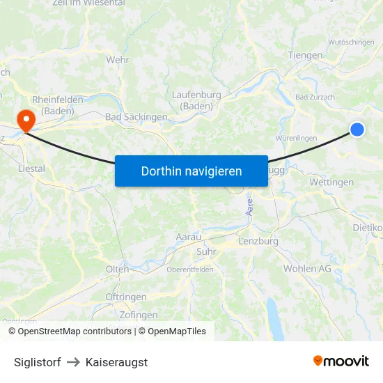 Siglistorf to Kaiseraugst map