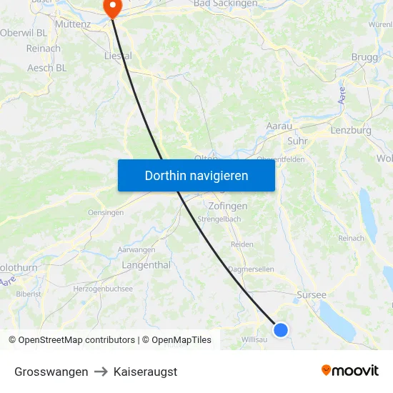 Grosswangen to Kaiseraugst map