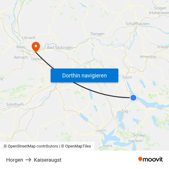 Horgen to Kaiseraugst map