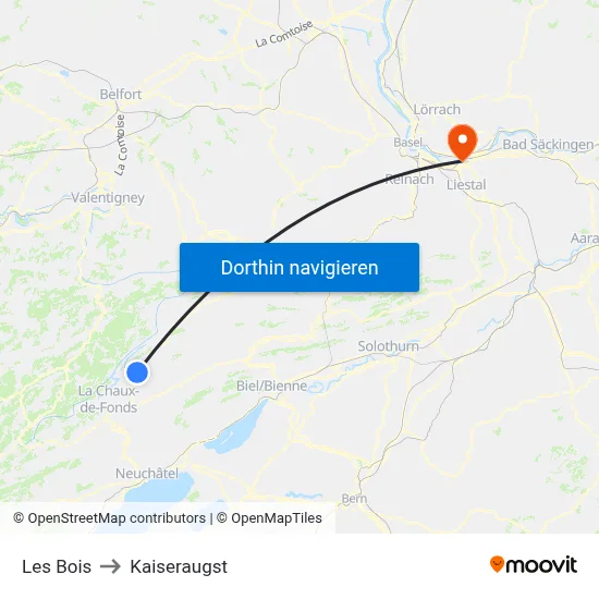 Les Bois to Kaiseraugst map