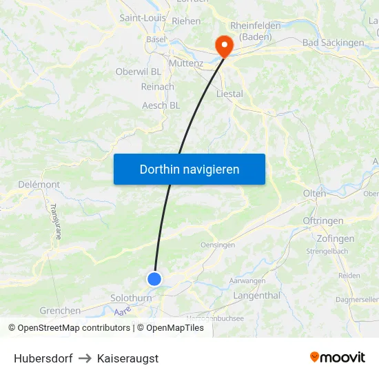 Hubersdorf to Kaiseraugst map