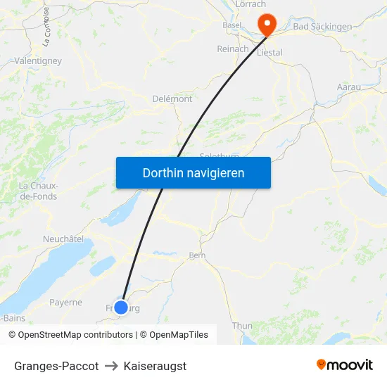 Granges-Paccot to Kaiseraugst map