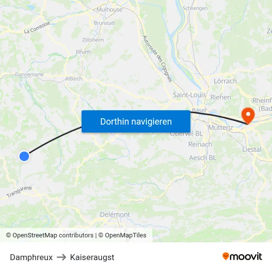 Damphreux to Kaiseraugst map