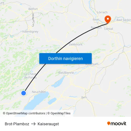 Brot-Plamboz to Kaiseraugst map
