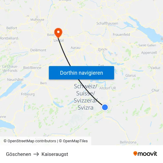 Göschenen to Kaiseraugst map