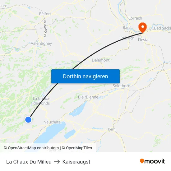 La Chaux-Du-Milieu to Kaiseraugst map