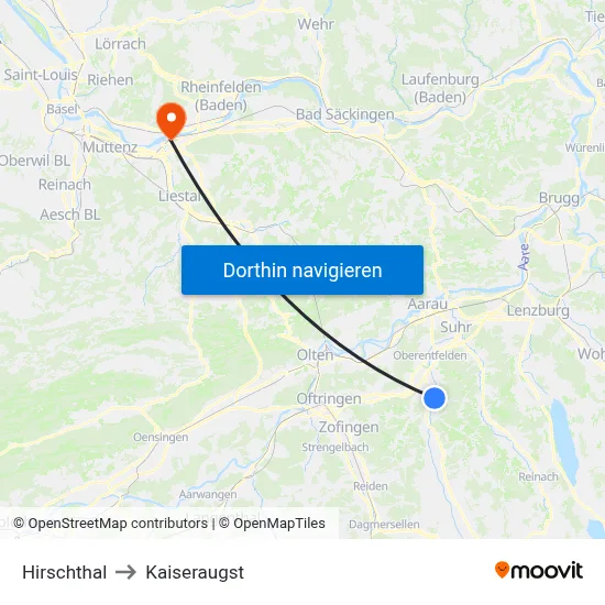 Hirschthal to Kaiseraugst map