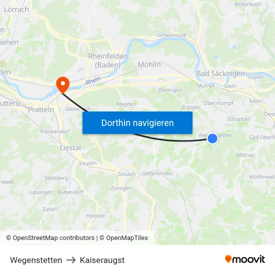 Wegenstetten to Kaiseraugst map