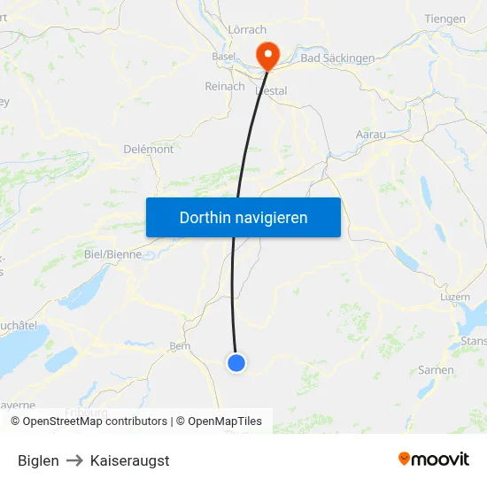 Biglen to Kaiseraugst map