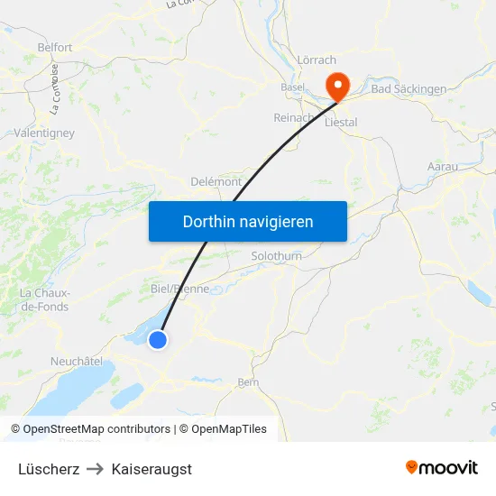 Lüscherz to Kaiseraugst map