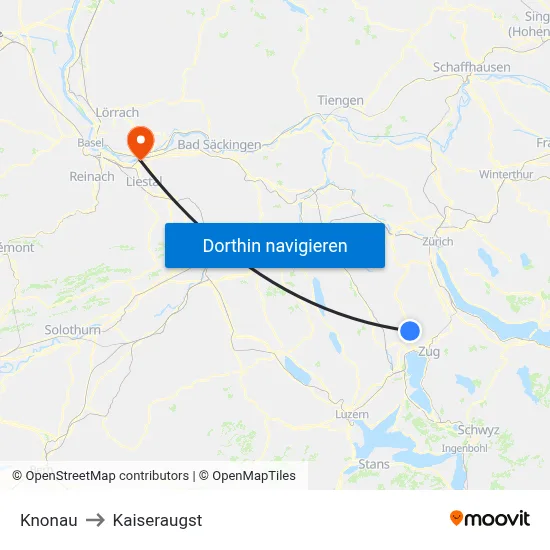 Knonau to Kaiseraugst map