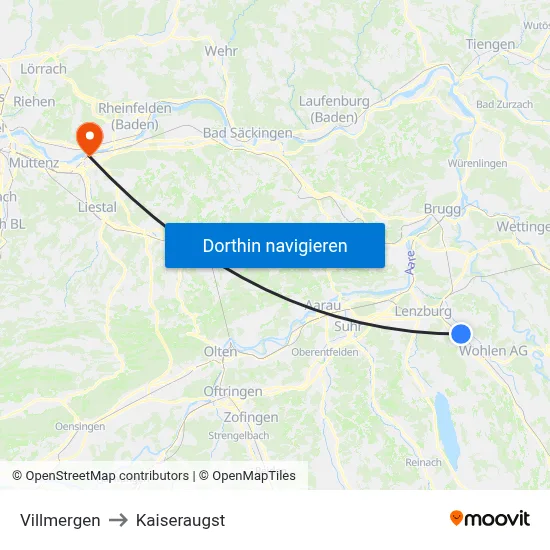 Villmergen to Kaiseraugst map