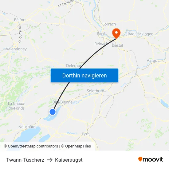Twann-Tüscherz to Kaiseraugst map