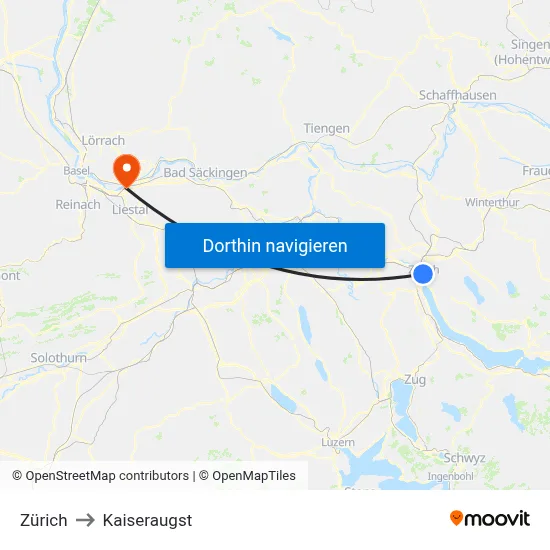 Zürich to Kaiseraugst map
