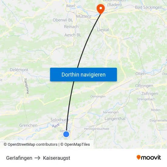 Gerlafingen to Kaiseraugst map