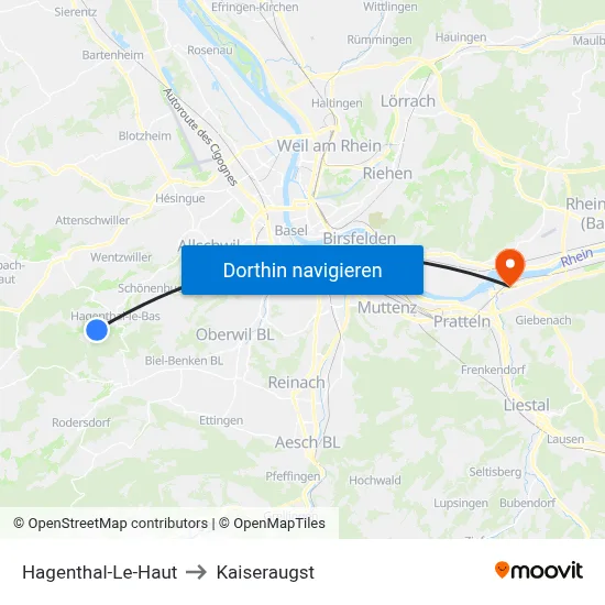 Hagenthal-Le-Haut to Kaiseraugst map