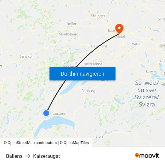 Ballens to Kaiseraugst map
