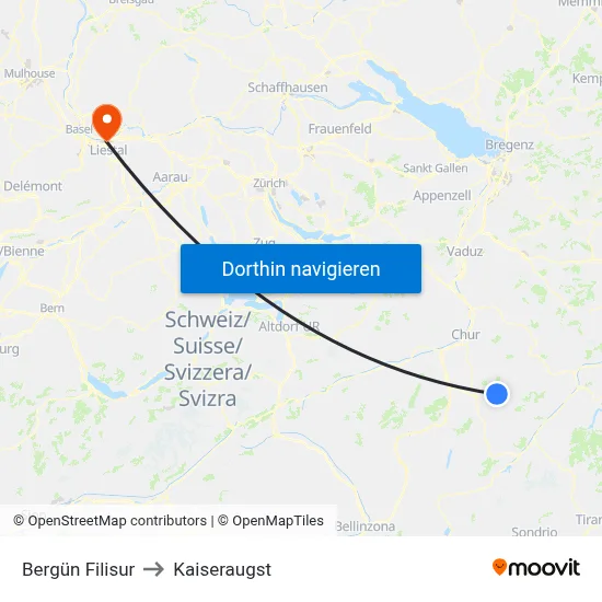 Bergün Filisur to Kaiseraugst map