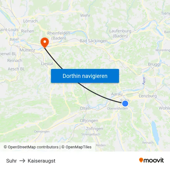 Suhr to Kaiseraugst map