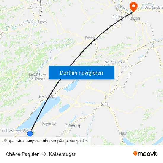 Chêne-Pâquier to Kaiseraugst map