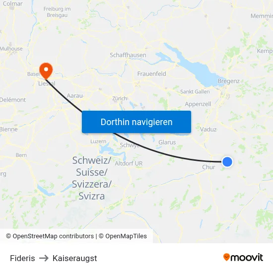 Fideris to Kaiseraugst map