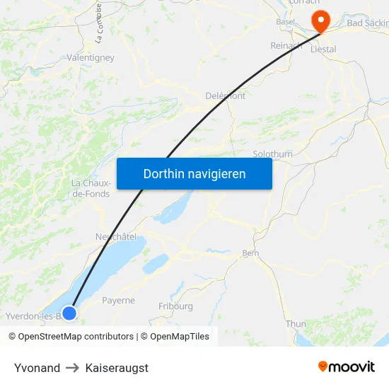 Yvonand to Kaiseraugst map