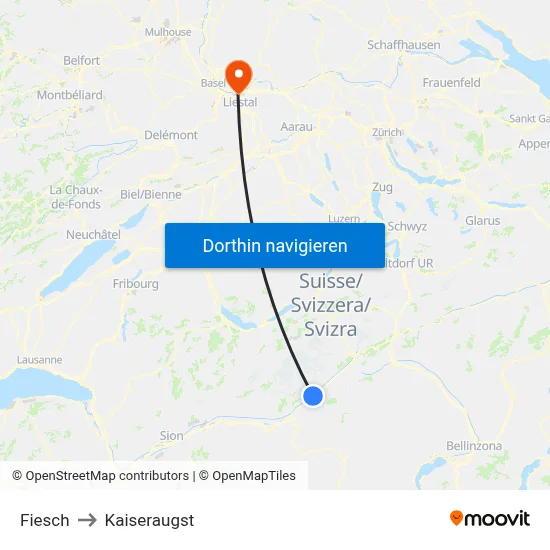 Fiesch to Kaiseraugst map