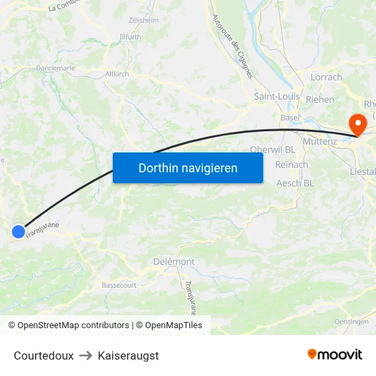 Courtedoux to Kaiseraugst map