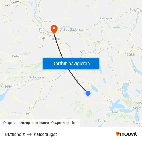 Buttisholz to Kaiseraugst map