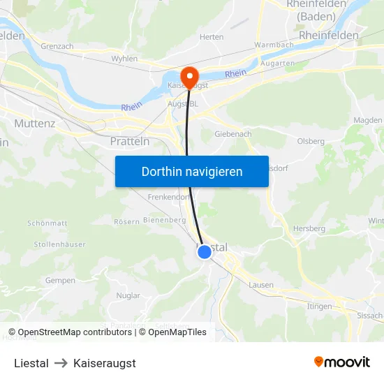 Liestal to Kaiseraugst map