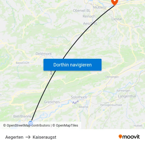 Aegerten to Kaiseraugst map