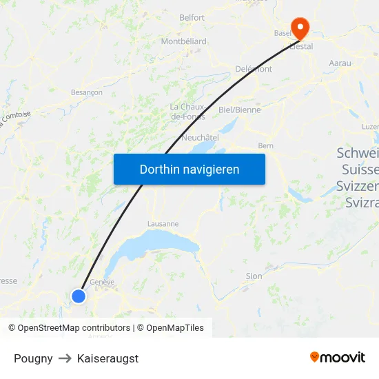 Pougny to Kaiseraugst map